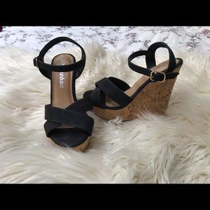 Faux suede and corkscrew wedges